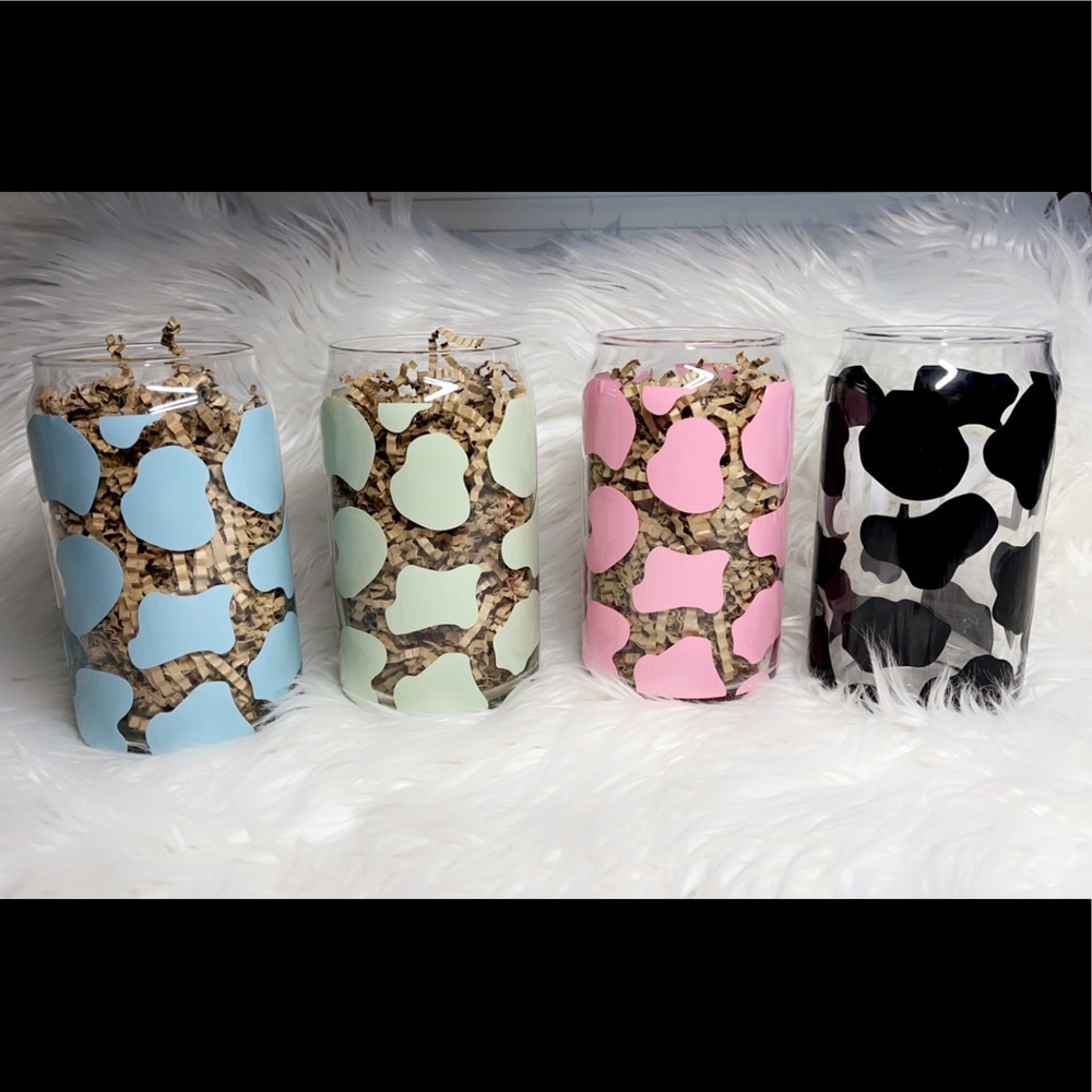 Cow print Can shape Glass with Bamboo lid and Glass straw